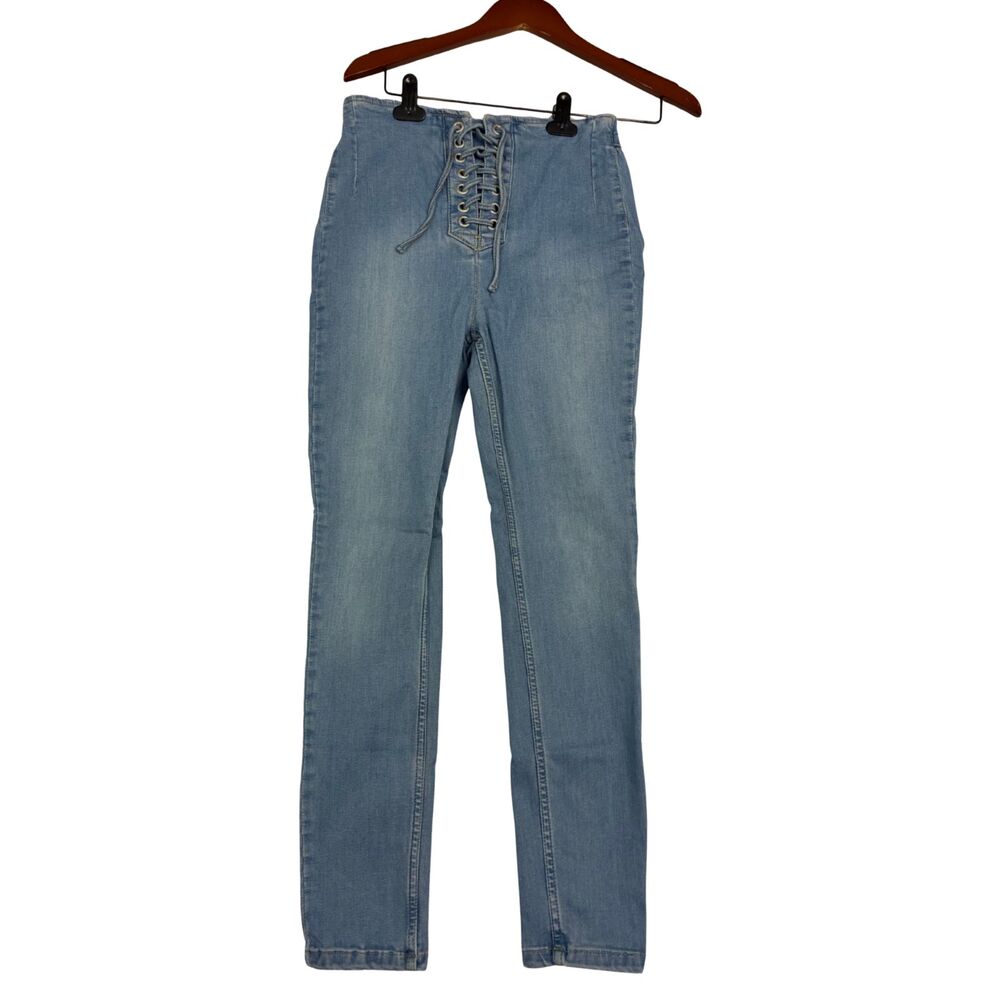 Free People Women’s Jeans 27 Blue Lace Up Front High Rise Skinny Stretch Denim